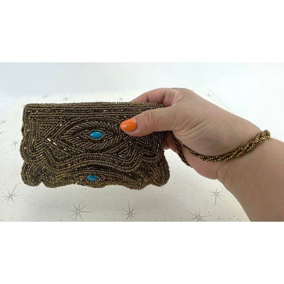 Vintage 50s bronze beaded wristlet, small clutch purse, with turquoise inserts - Picture 3 of 9